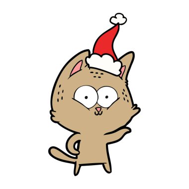 Noel Baba şapkası giyen bir kedi çizgi çizme