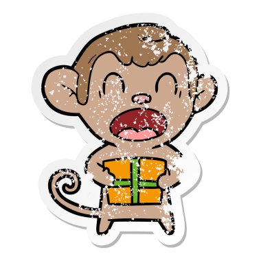 Noel hediyesi taşıyan bir haykırış karikatür maymun sıkıntılı etiket