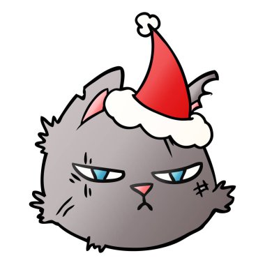 Noel Baba şapkası giyen bir zor kedi yüz degrade çizgi film