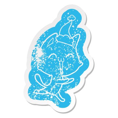 bir kedi Noel Baba şapkası giyen meowing, sıkıntılı plakası mutlu ilginç çizgi film