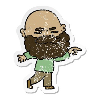 bir çizgi film adamın çatık ve işaret eden sakallı sıkıntılı etiket