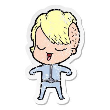 fütüristik giysili bir mutlu çizgi film kızın sıkıntılı etiket