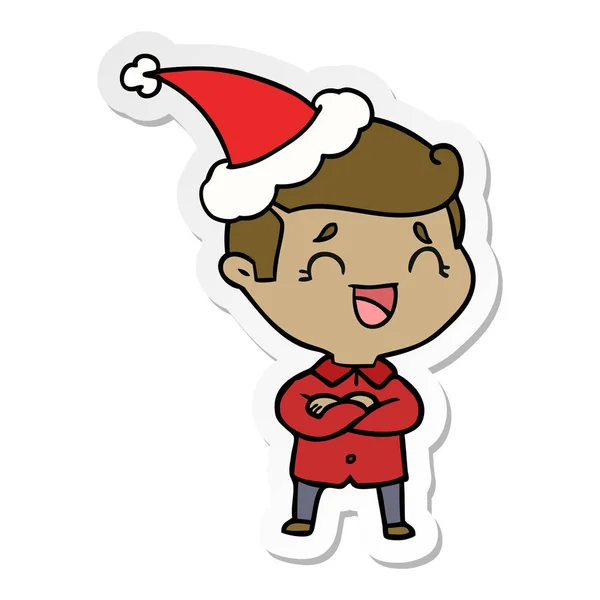 Sticker cartoon of a laughing man wearing santa hat — Stock Vector