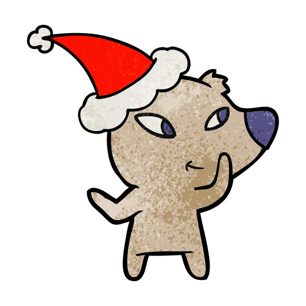 Niedliche Handgezeichnete Texturierte Karikatur Eines Bären Mit Weihnachtsmütze — Stockvektor