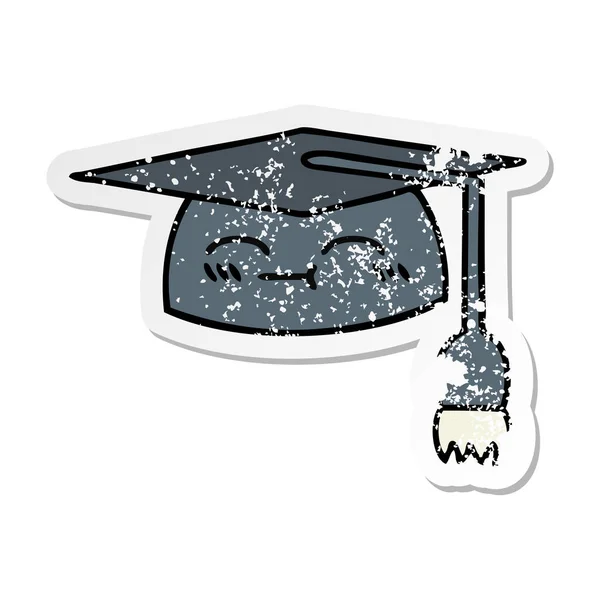 Autocollant de détresse d'un chapeau de graduation dessin animé mignon — Image vectorielle