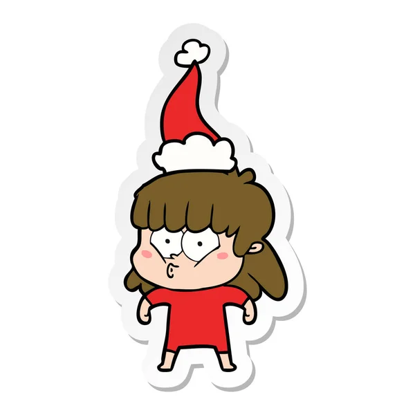 산타 모자를 쓰고 휘파람 여자의 스티커 만화 — 스톡 벡터