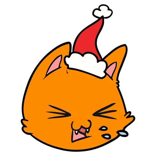 Línea de escupir dibujo de una cara de gato con sombrero de santa — Vector de stock