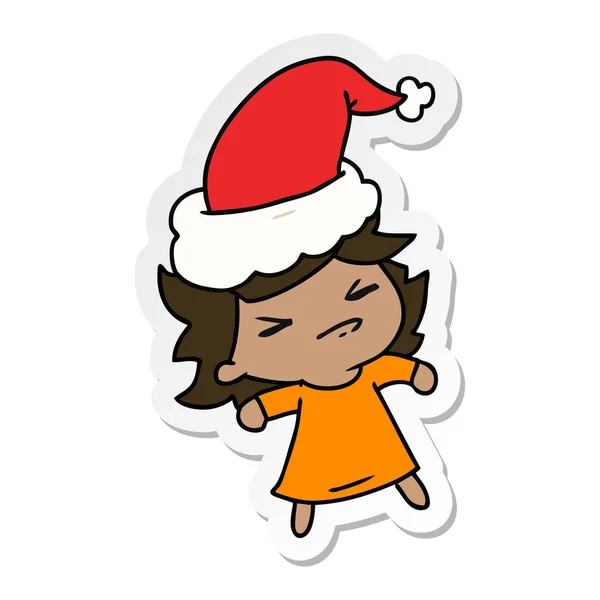 Hand Drawn Christmas Sticker Cartoon Kawaii Girl — Stock Vector