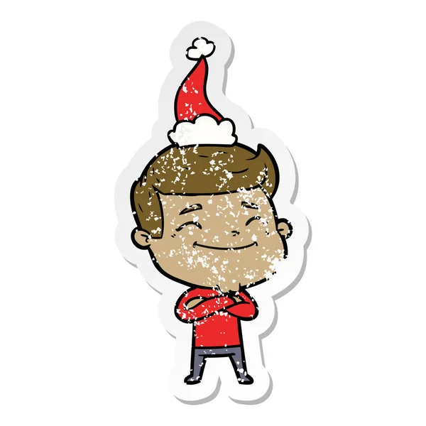 Glücklich bekümmert Sticker Karikatur eines Mannes mit Weihnachtsmütze — Stockvektor