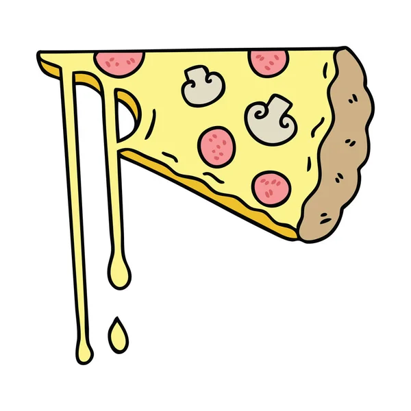 Mão peculiar desenhado desenho animado pizza cheesy — Vetor de Stock