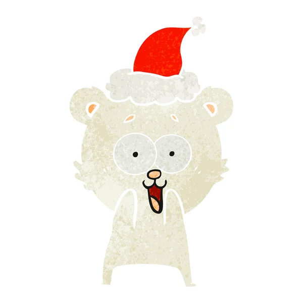 Ενθουσιασμένος αρκουδάκι ρετρό γελοιογραφία της φορώντας καπέλο Σάντα — Διανυσματικό Αρχείο
