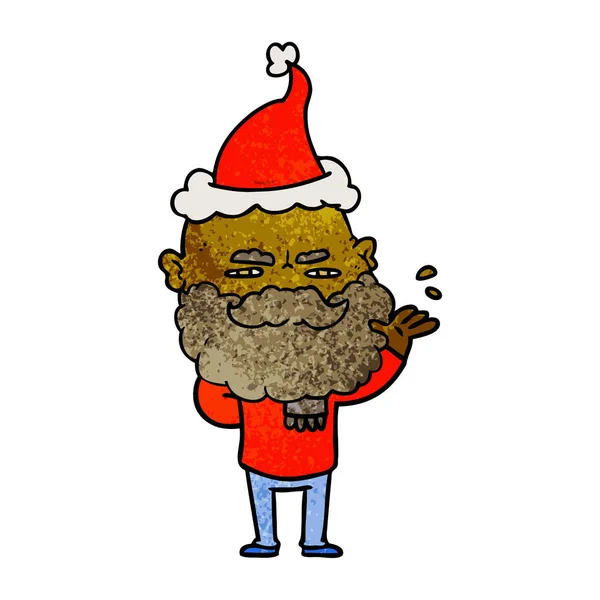 Hand Drawn Textured Cartoon Dismissive Man Beard Frowning Wearing Santa — Stock Vector