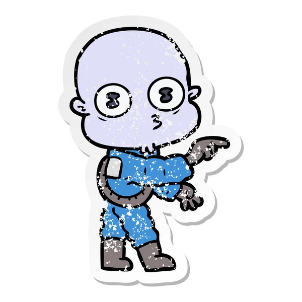 Distressed sticker of a cartoon weird bald spaceman pointing — Stock Vector