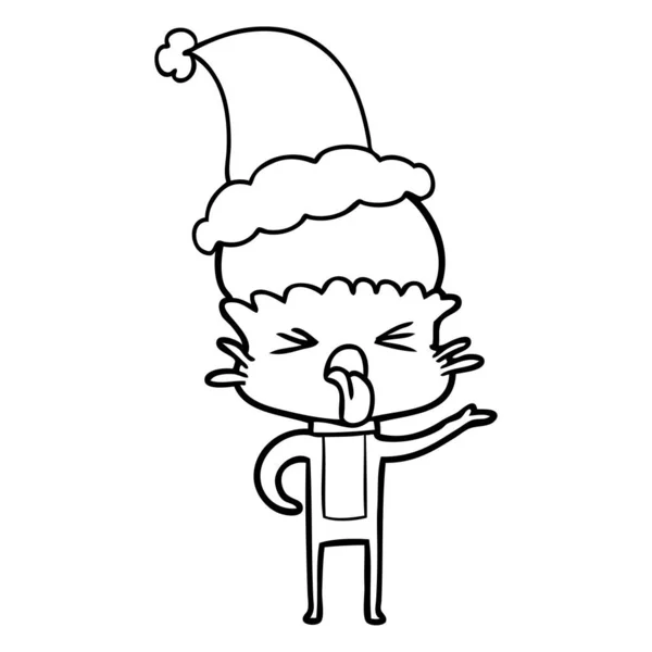 Dessin de ligne dégoûté d'un alien portant un chapeau de Père Noël — Image vectorielle