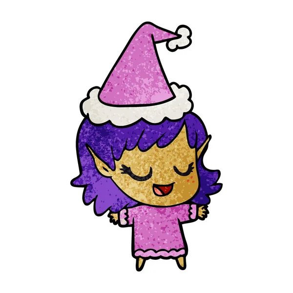 一个穿圣诞老人帽子的精灵女孩的快乐质感漫画 — 图库矢量图片