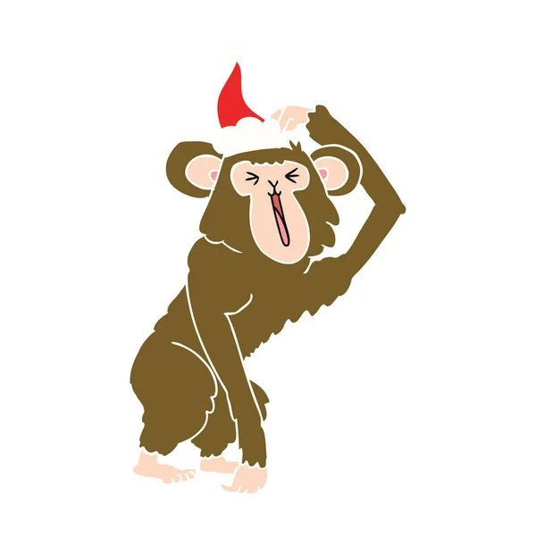 Hand Drawn Flat Color Illustration Chimp Scratching Head Wearing Santa — Stock Vector