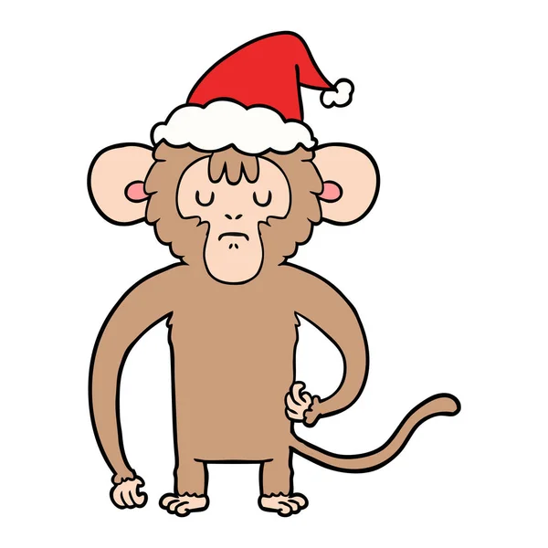 Handgezeichnete Linienzeichnung Eines Affen Der Mit Weihnachtsmütze Kratzt — Stockvektor