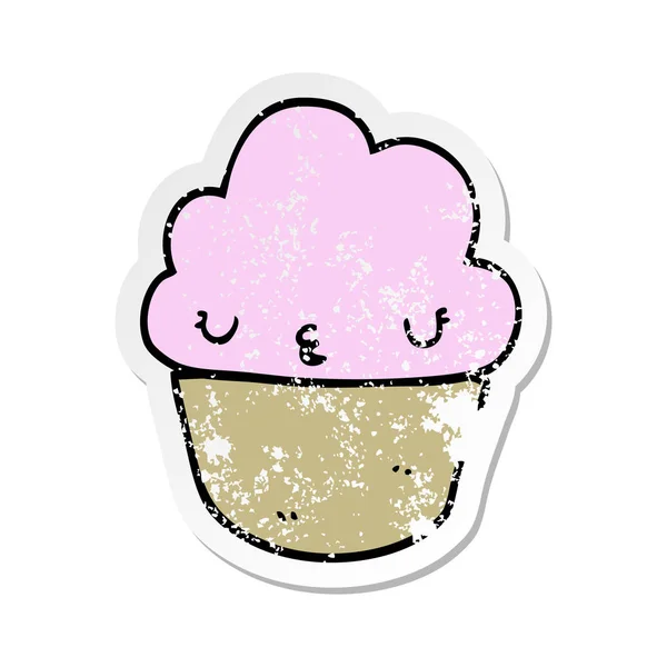 Verontruste Sticker Van Een Cartoon Cupcake Met Gezicht — Stockvector