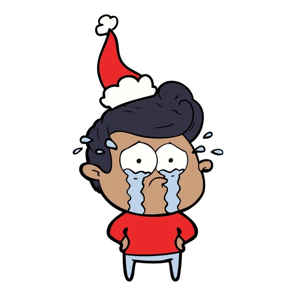 手绘线画一个哭闹的人戴着圣诞老人的帽子 — 图库矢量图片