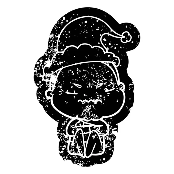 Dessin animé en détresse icône d'une vieille dame agacée portant santa chapeau — Image vectorielle