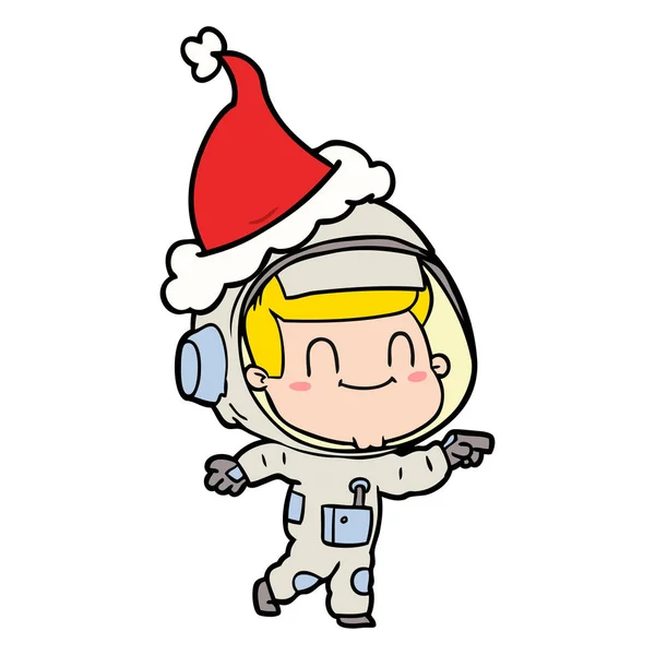 Glückliche Handgezeichnete Linienzeichnung Eines Astronauten Mit Weihnachtsmütze — Stockvektor