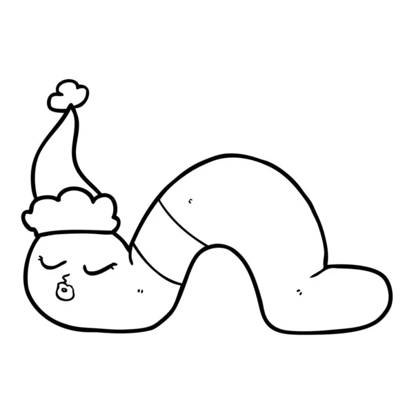 Línea de dibujo de un gusano con sombrero de santa — Vector de stock