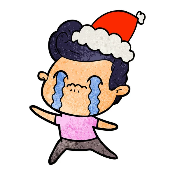 Desenhos animados texturizados de um homem chorando usando chapéu de Papai Noel — Vetor de Stock