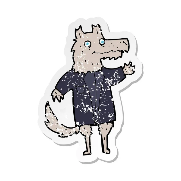 Retro noodlijdende sticker van een cartoon wolf zakenman — Stockvector