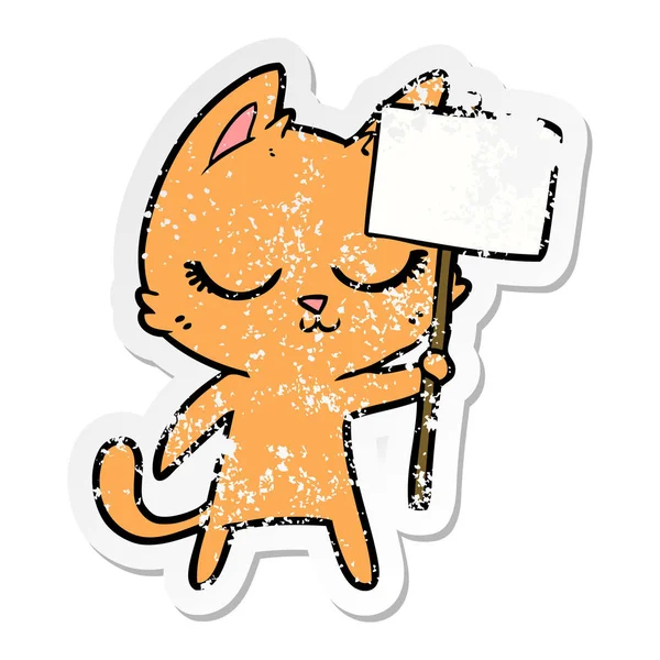 Nödställda klistermärke av en lugn tecknad katt med plakat — Stock vektor