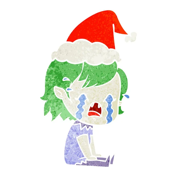 Hand Drawn Retro Cartoon Crying Vampire Girl Wearing Santa Hat — Stock Vector