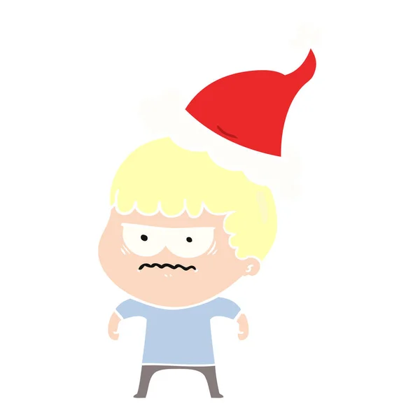 Noel Baba şapkası giyen bir rahatsız adam düz renkli çizimi — Stok Vektör