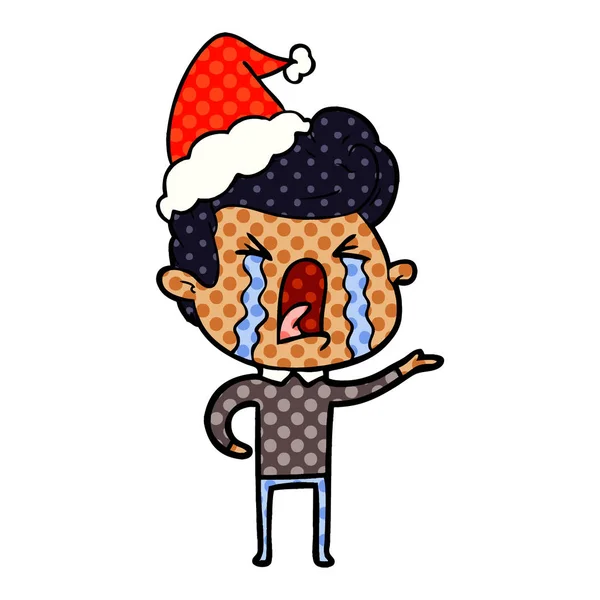 Handgezeichnete Illustration Comic Stil Eines Weinenden Mannes Mit Weihnachtsmütze — Stockvektor