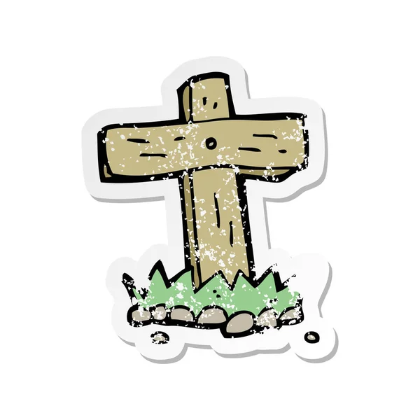 Retro distressed sticker of a cartoon wooden cross grave — Stock Vector