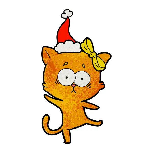 Texturierte Karikatur einer Katze mit Weihnachtsmütze — Stockvektor