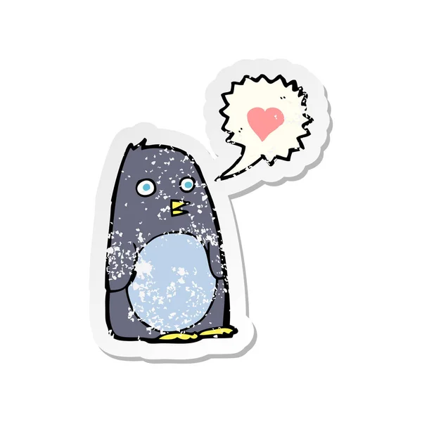 Retro Aufkleber Eines Cartoon Pinguins Mit Liebesherz — Stockvektor