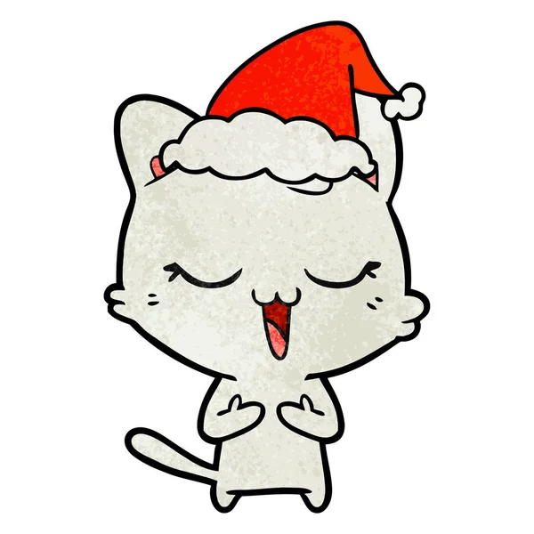 Heureux dessin animé texturé d'un chat portant santa chapeau — Image vectorielle