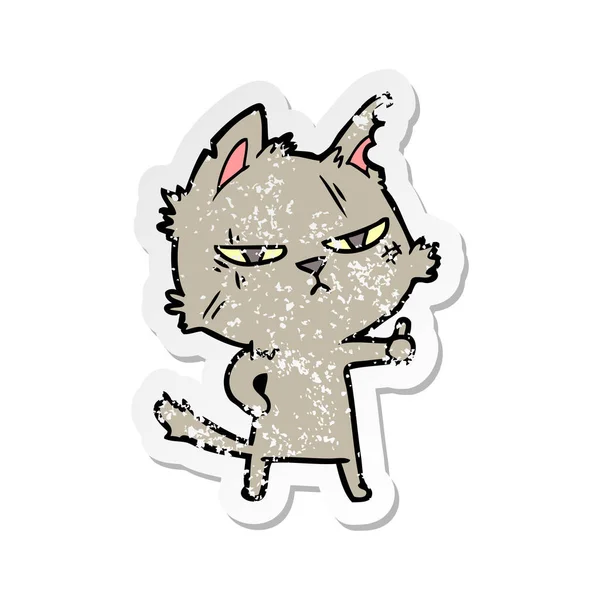 Distressed Sticker Tough Cartoon Cat Giving Thumbs Symbol — Stock Vector