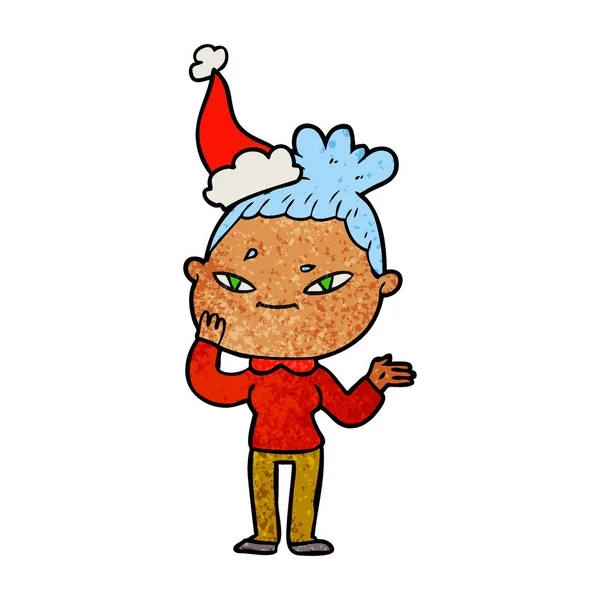 Texturierte Karikatur einer Frau mit Weihnachtsmütze — Stockvektor