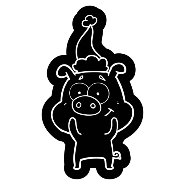 Ikona cartoon szczęśliwy świni kapeluszu santa — Wektor stockowy