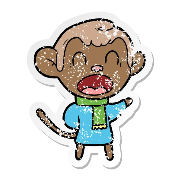 Distressed sticker of a shouting cartoon monkey wearing scarf — Stock Vector
