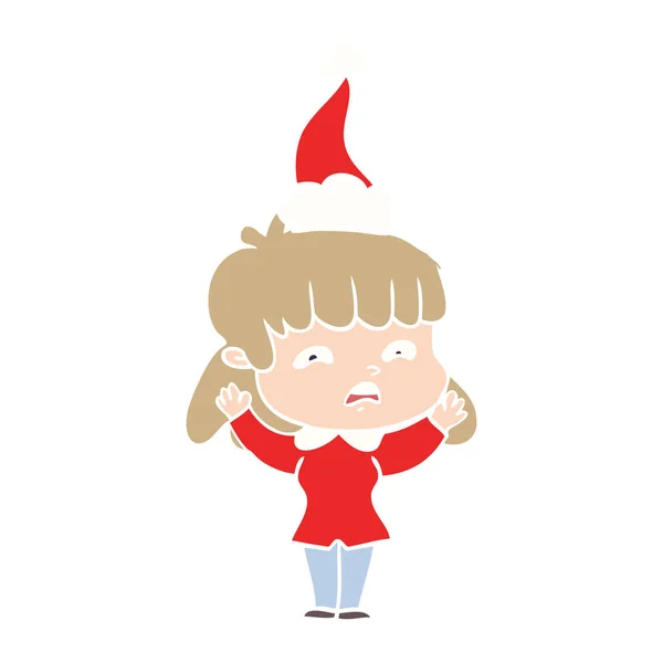 Flat color illustration of a worried woman wearing santa hat — Stock Vector