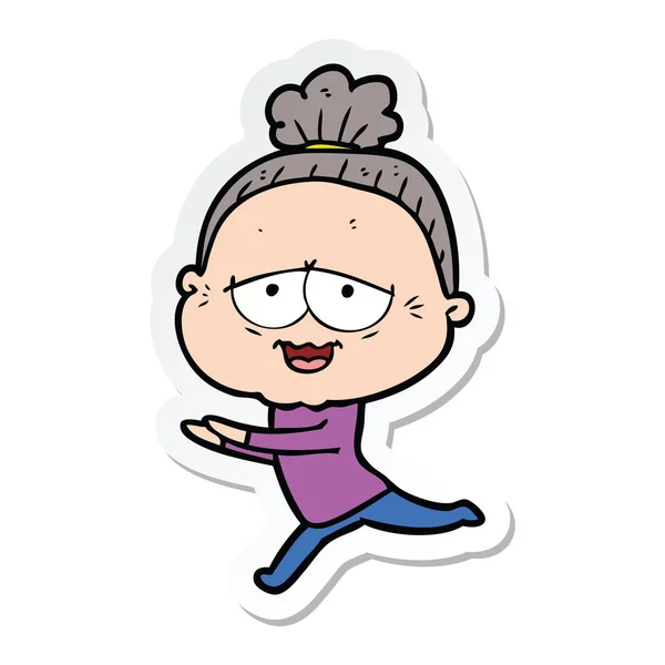 Sticker van een cartoon gelukkig oude dame — Stockvector