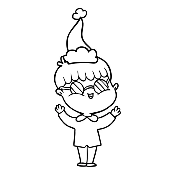 Line drawing of a boy wearing spectacles wearing santa hat — Stock Vector