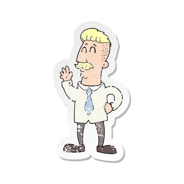 Retro noodlijdende sticker van een cartoon office man zwaaien — Stockvector