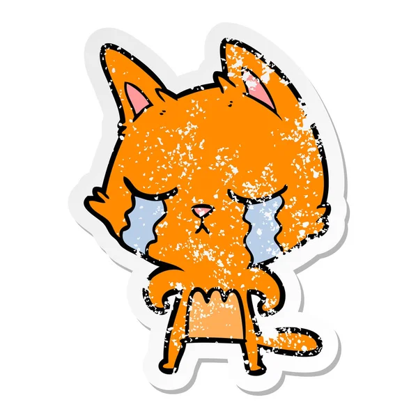 Distressed sticker of a crying cartoon cat — Stock Vector