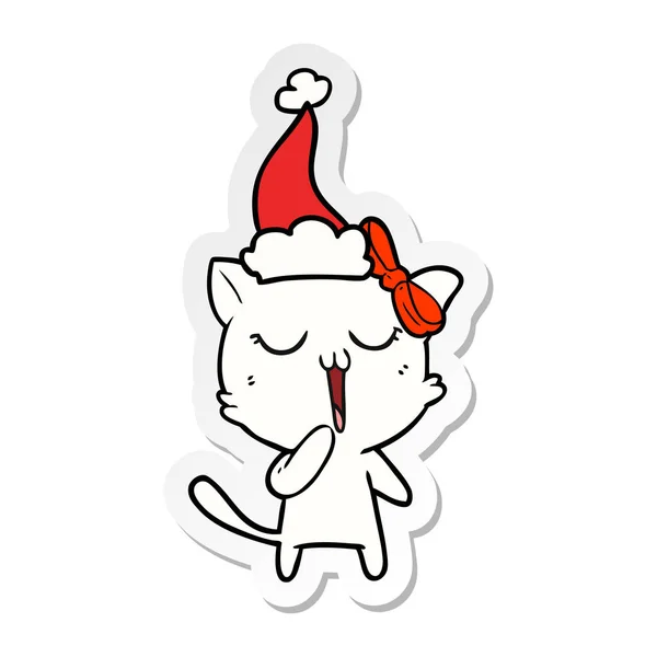 Handgezeichnete Sticker Karikatur Einer Katze Mit Weihnachtsmütze — Stockvektor