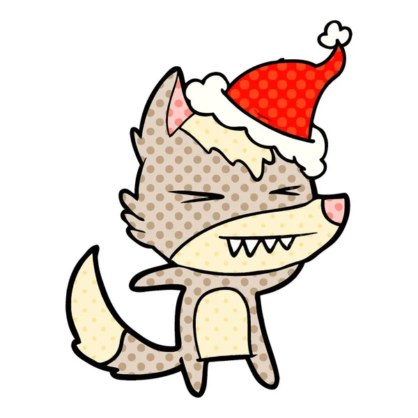 愤怒的狼漫画书风格的插图, 戴圣诞老人的帽子 — 图库矢量图片