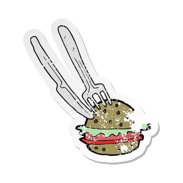 Pegatina Retro Angustiado Cuchillo Dibujos Animados Tenedor Hamburguesa — Vector de stock