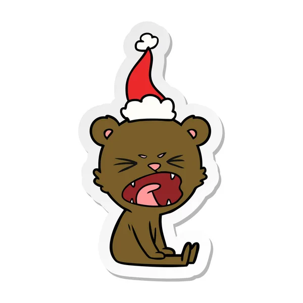 Angry sticker cartoon of a bear wearing santa hat — Stock Vector