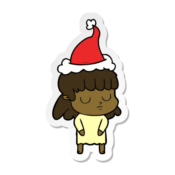 Hand Drawn Sticker Cartoon Indifferent Woman Wearing Santa Hat — Stock Vector